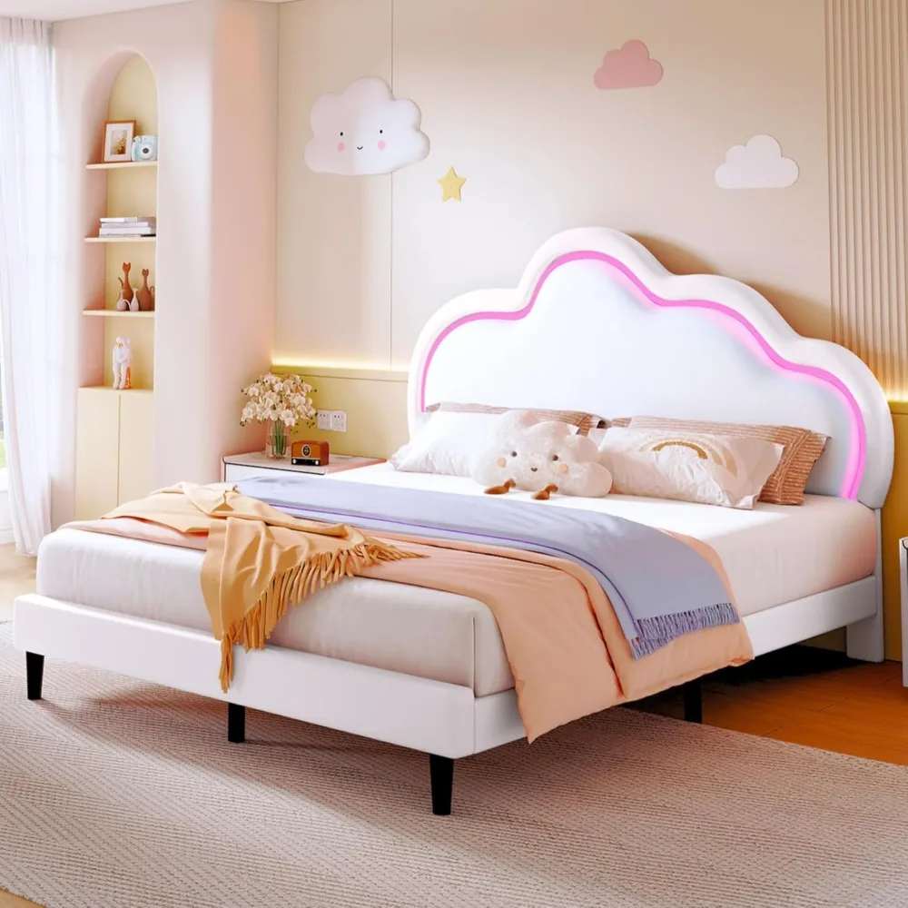 dwvo cloud bed frame queen size, pu leather upholstered bed frame with led lights, platform bed with cloud headboard, no box spr S307c1275576b4832977d882fddb098910