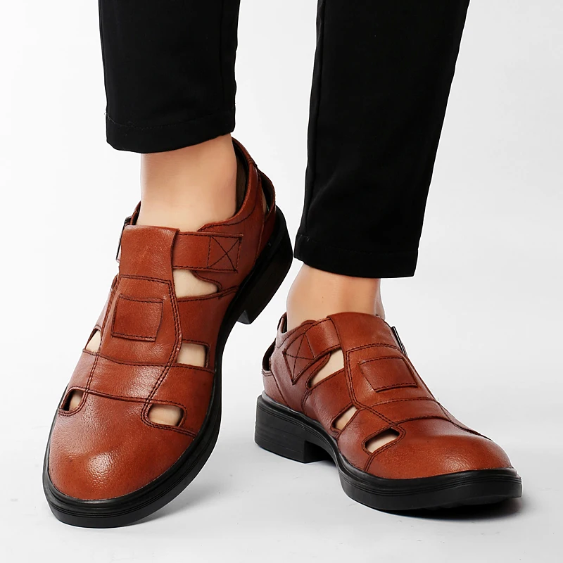 Men Sandals Brand Summer Hollow Genuine Leather Outdoor Walking Shoes Cool Antiskid Casual Business Comfy Breathable