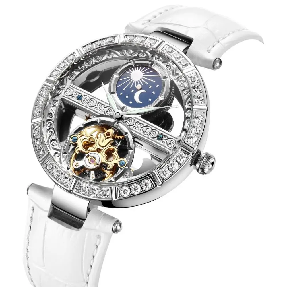 

Полностью автоматические женские механические часы с вырезами, водонепроницаемые высококачественные изысканные механические часы с Лунной фазой для женщин