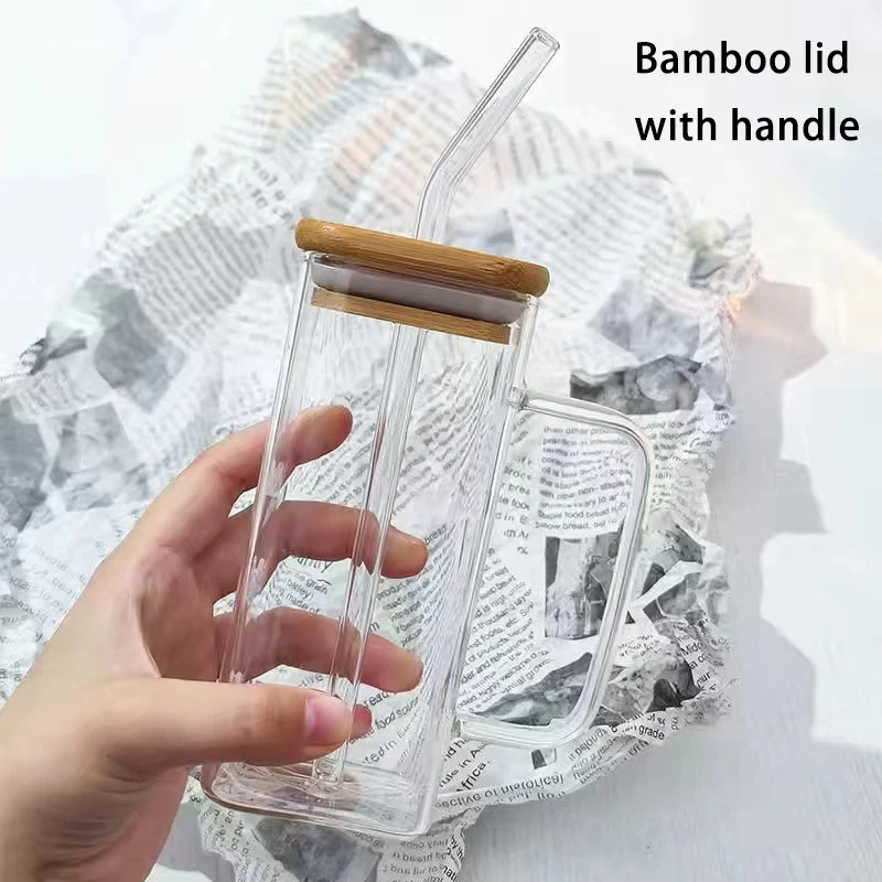 Heat-resistant square glass mug with lid and straw, 1/2/4/6 pcs.