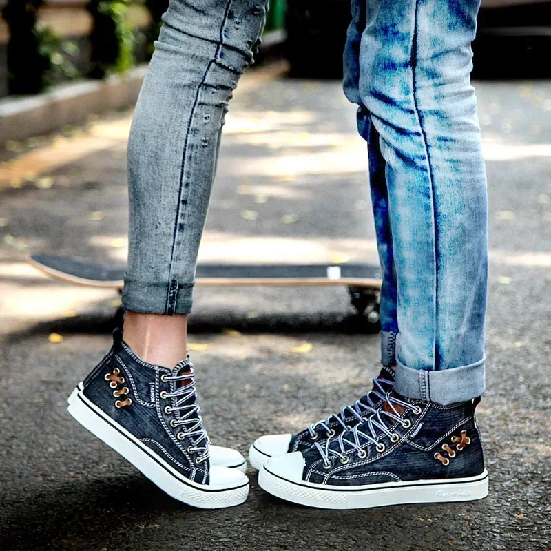 Denim Canvas Sneakers High Top Walking Sport Shoes Round Toe Lace Up Men Casual Shoes Running Thick Sole Ladies Brand Boots
