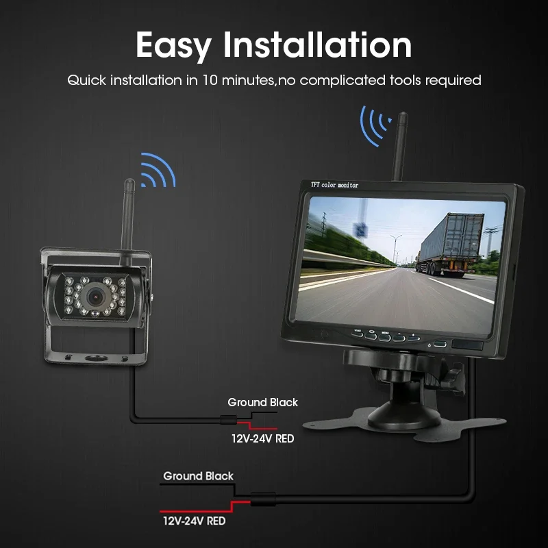 Jansite 7" Wireless Car monitor TFT Car Backup Cameras Monitor For Truck Parking Rearview System Rear Camera lens Voltage 12-24V
