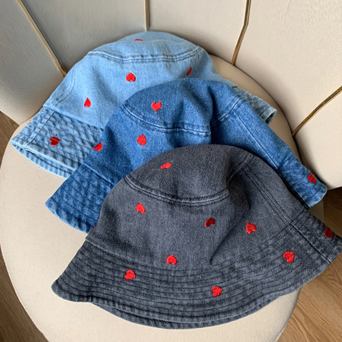 Women's Japanese-Style Denim Bucket Hat with Large Head Circumference, Sunshade and Sun Protection, Versatile, Face-Slimming, Trendy, Fashionable, Youthful, Cute, Embroidered