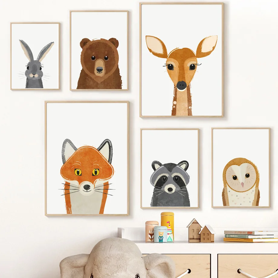 

Deer Bear Fox Rabbit Owl Raccoon Nursery Wall Art Print Canvas Painting Nordic Poster Wall Pictures Baby Kids Room Home Decor