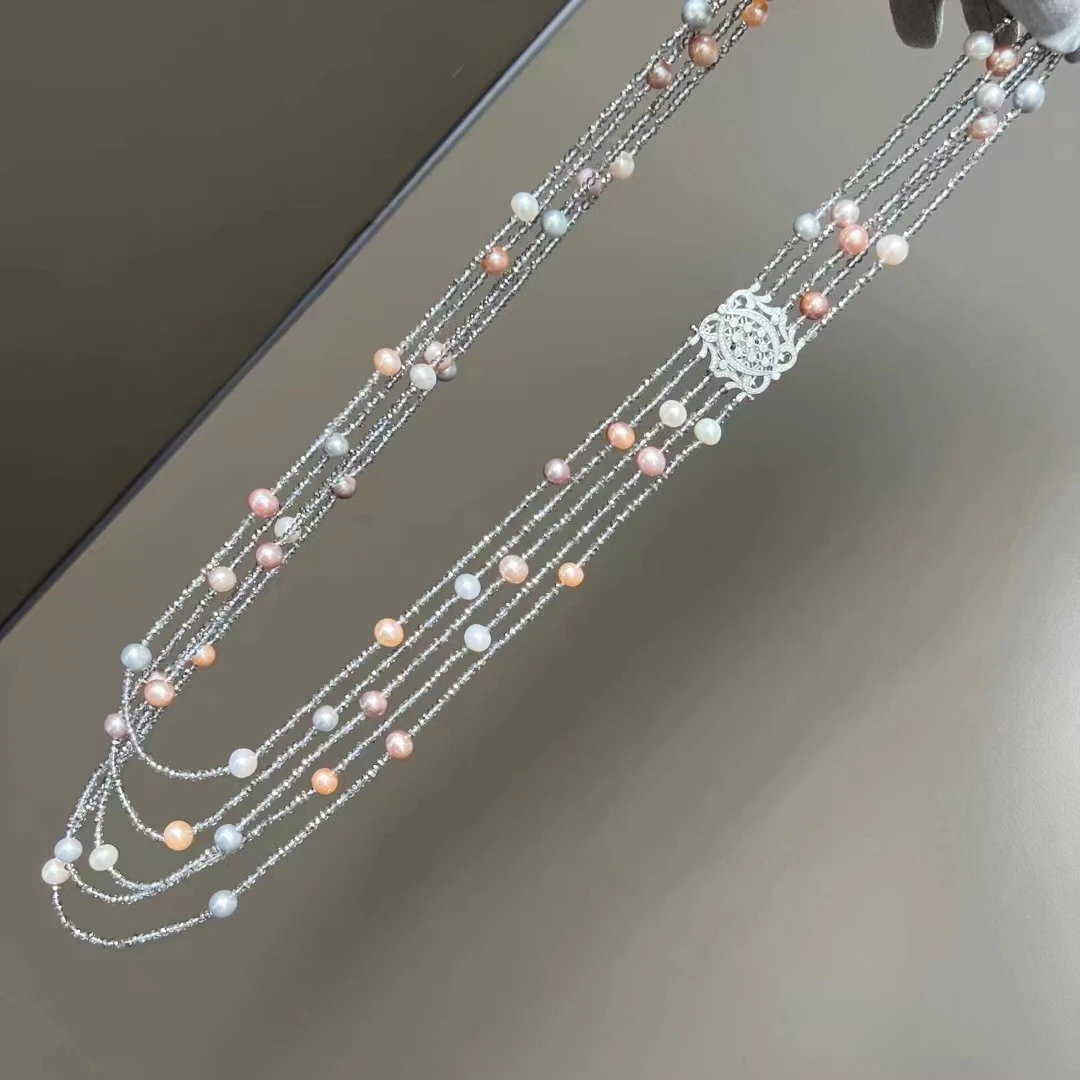 5 Strands Natural Colorful Pearl Gray Faceted Crystal Necklace Handmade Multi Strands Necklace Fashion Jewelry