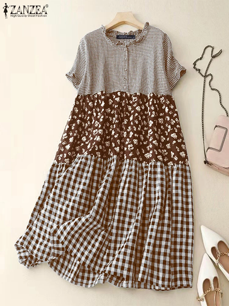 Women Sundress ZANZEA 2025 Summer Casual Loose Short Sleeve Robe Fashion Plaid Long Dress Holiday Pleating Stitching Shirt Dress 3