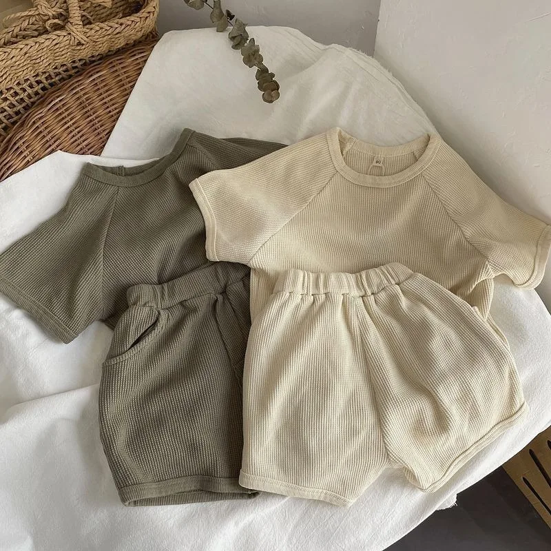 

Children Clothing Set Korean Style Boys and Girls Short Sleeve Waffler Suit Muslin Baby Casual Kids Simple Solid Color Two Piece