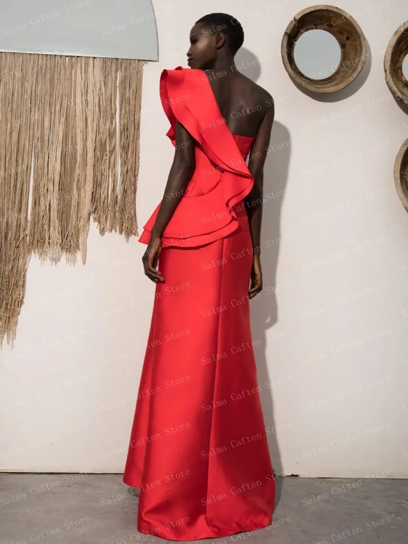 Elegant One Shoulder Straight Red Ruffles Evening Dresses With Train Open Back Long Satin Event Gown Made Dress Plus Size