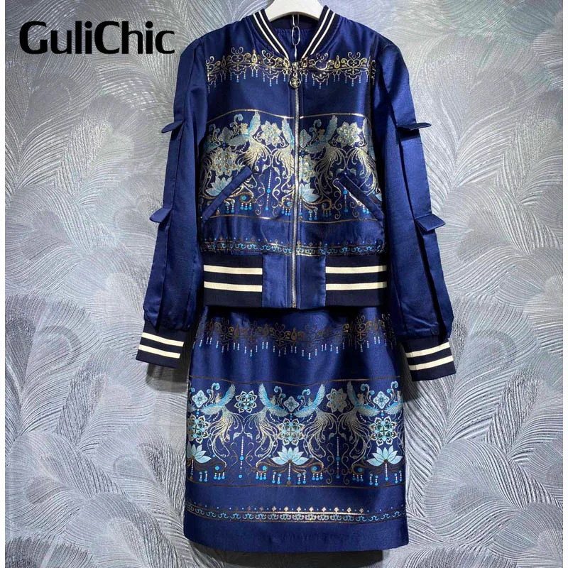 

10.31 GuliChic Vintage Jacquard Stand Collar Spliced Screw Thread Zipper Jacket + High Waist Back Split Slim Skirt Set Women