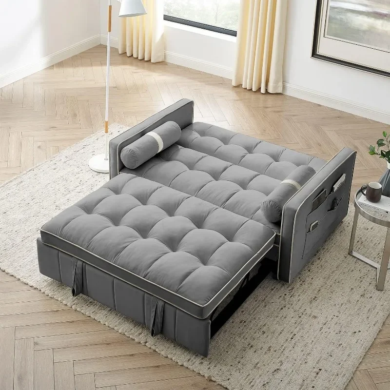 Description Picture 4 of itemZHENXIANG 3 in 1 Sleeper Sofa Couch Bed, Small Tufted Velvet Convertible Loveseat Futon Sofa w/Pullout Bed, Adjustable Backrest