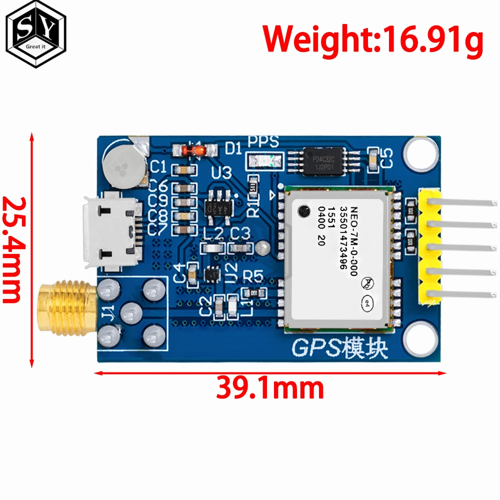 Vue détaillée du chipset NEO-9M et des broches GPIO du module GPS USB, Achetez Module GPS NEO avec USB pour Arduino.