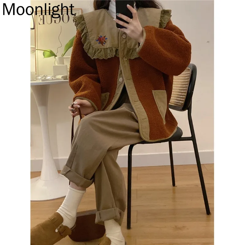 

Vintage Embroidery Lamb Wool Patchwork Jackets Women Winter Japan Mori Girl Peter Pan Collar Korean Preppy Style Thickened Coat