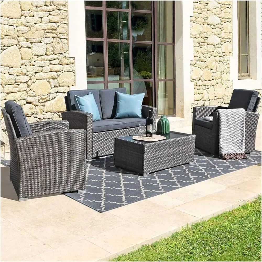 4pcs Patio Furniture Set Outdoor U-Shaped Patio Conversation Set,  PE Rattan Wicker Small Sectional Patio Sofa Set ,Gray/Blue