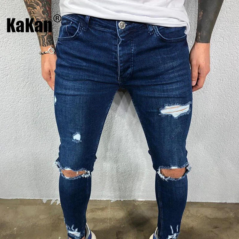 Kakan - High Quality European and American Men's Distressed Elastic Small Leg Jeans with Torn New Dark Blue Black Jeans K01-8812