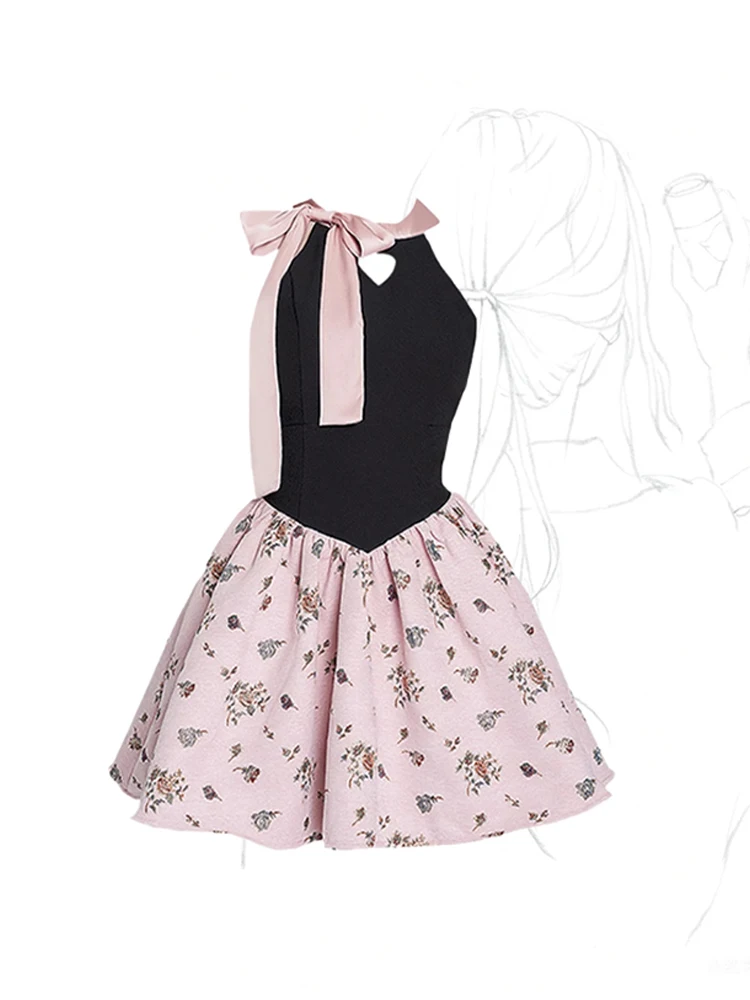 

Women's Patchwork Pink A-line Dresses French Vintage A-line Mini Dress Elegant Y2k Kawaii Flower Print One Piece Frocks Summer