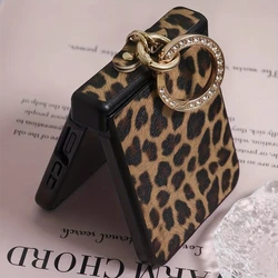 Retro Leopard Print Leather Phone Case with Diamond Plated Finger Ring Buckle - Motorola Razr+ 2025 (Brown)