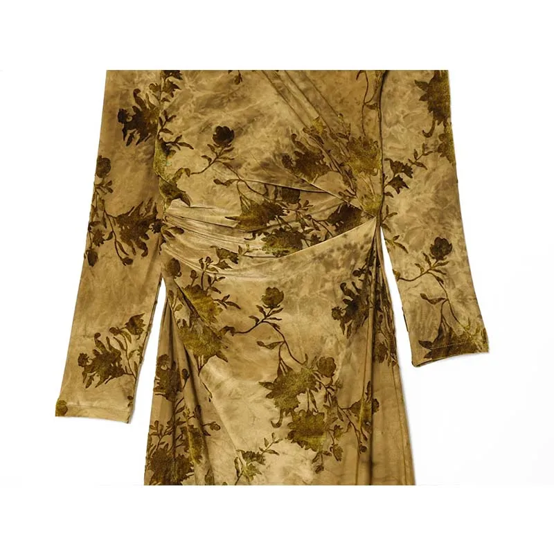 Chic Elegant Long Dresses Ruched Slim Fashion Midi Dress Women 2025 New Party Dresses For Women Print Long Sleeve Dress ﻿