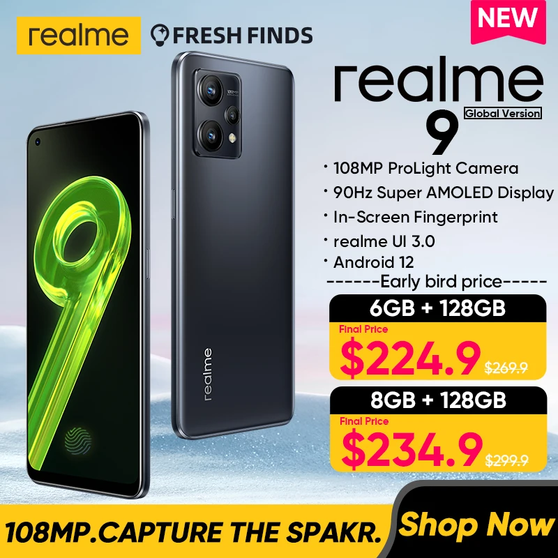 [Новое поступление] Realme 9 Новый смартфон 108MP Камера 6 4 &quot90 Гц Super AMOLED Дисплей
