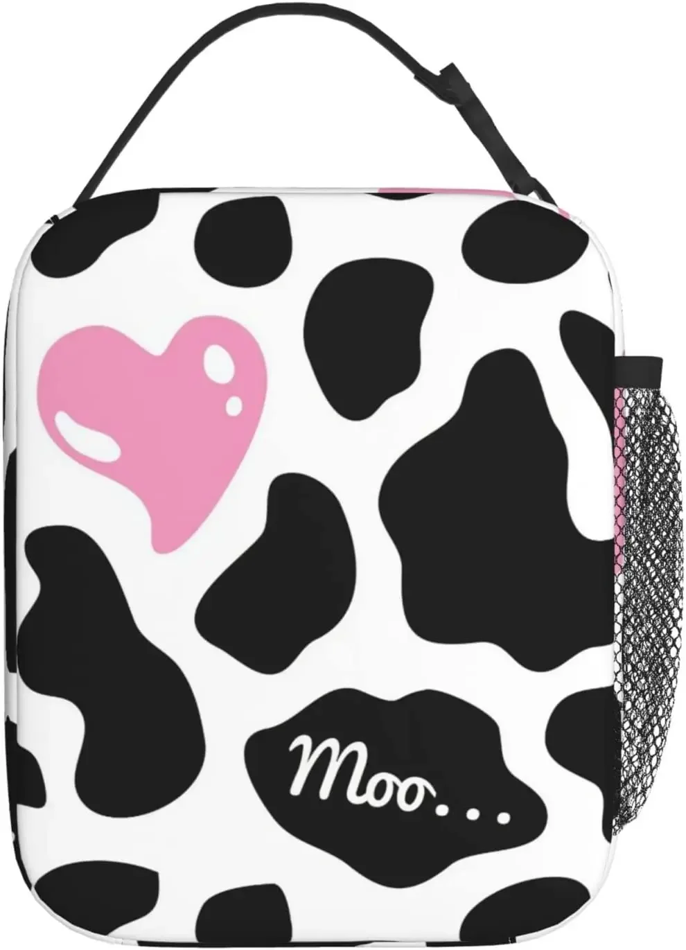 

Black White Cow Print Pink Heart Cute Love Portable Lunch Bag Insulated Lunch Box Reusable Cooler Totes for Women Men Adults Kid