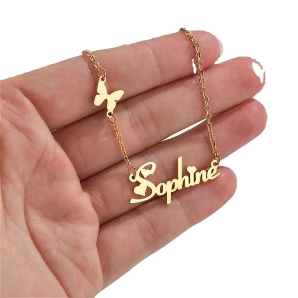 Custom Name Necklace Butterfly Pendant Necklace For Women Stainless Steel Charm Necklaces Personalized Nameplate Christmas Gifts