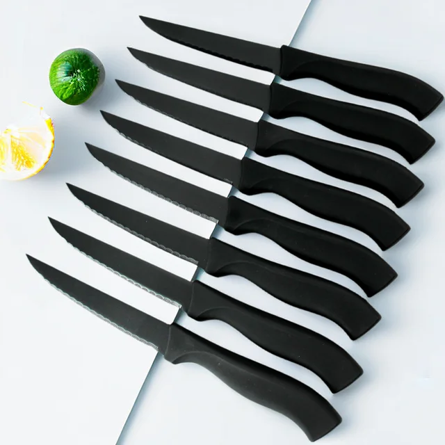 Ensemble de couteaux à Steak, 4/6/8 pièces, noir mat, poignée confortable, couteaux d'office, acier inoxydable allemand dentelé, antiadhésif, lavable au lave-vaisselle 3