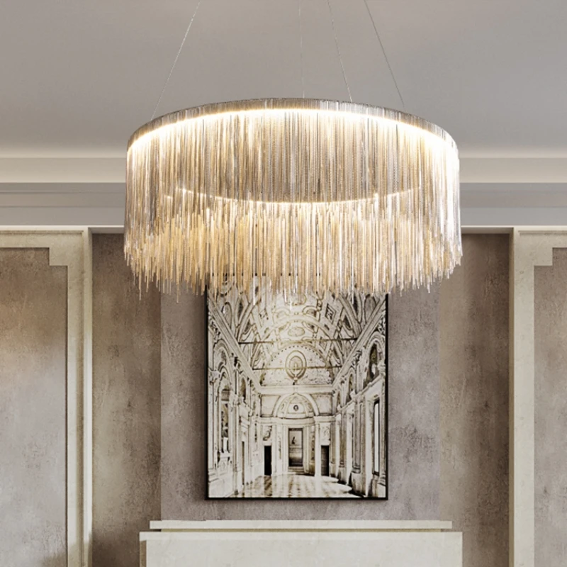Hermosa lámpara colgante Art Deco, cadena de aluminio para salón, dormitorio, restaurante, lámpara colgante de Metal plateado