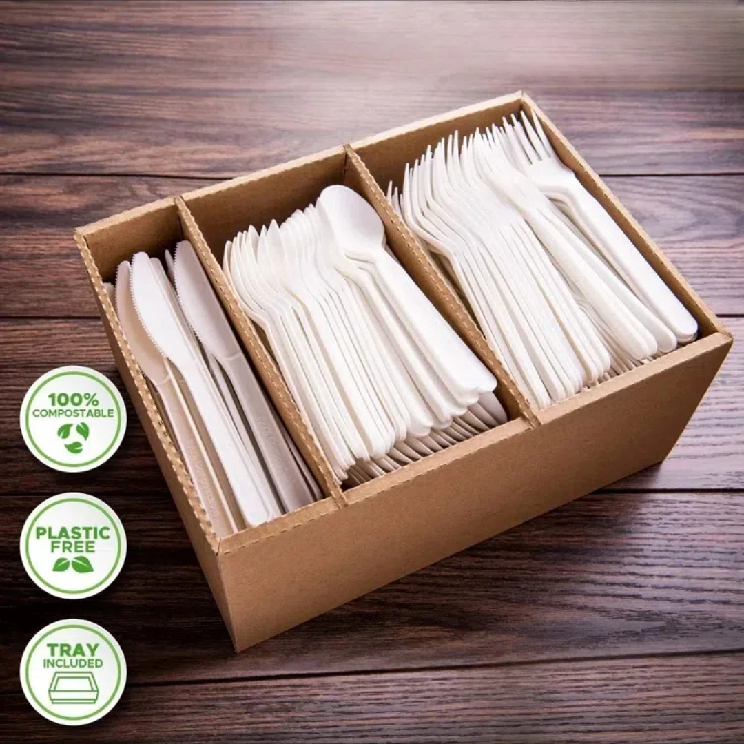 Disposable CPLA Utensils Set, Compostable and Biodegradable Cutlery for Restaurants and Camping，6 inch 50pack spoons，forks andkn