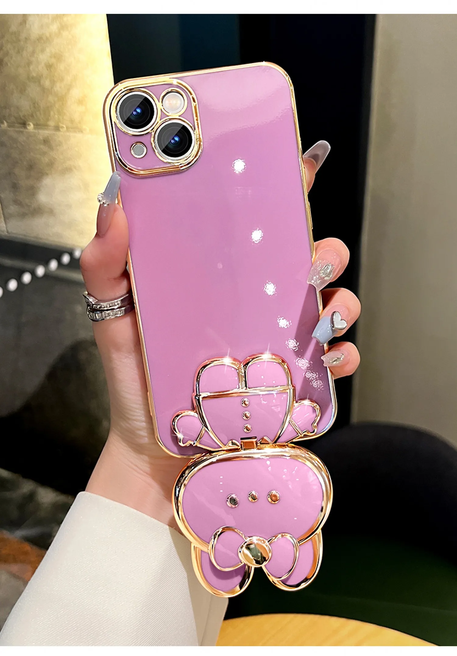 Bunny Phone Case With Mirror Holder And Flower Strap Plating_voghion.com