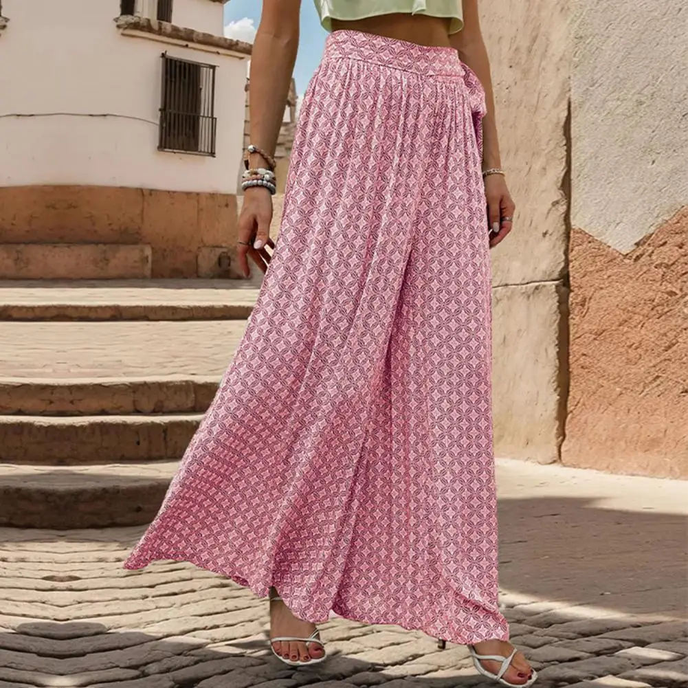 

High-waisted Pants Stylish Lace-up High Waist Culottes for Women Wide Leg A-line Trousers with Printed Design Crotch for Ladies