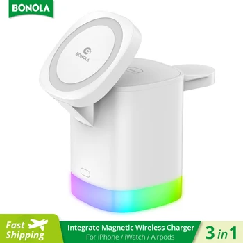 Bonola RGB 조명 포함 마그네틱 무선 충전기, 4 in 1, 아이폰 15, 13/14 프로, 에어팟 프로, 아이워치용, 무선 충전 통합