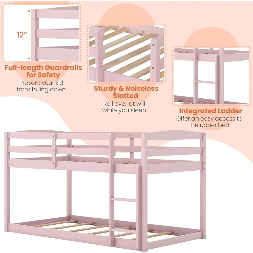 Solid Wood Twin Over Twin Bunk Bed Frame with Full Guardrails & Integrated Ladder, Floor Twin Bunk, Children Beds 6