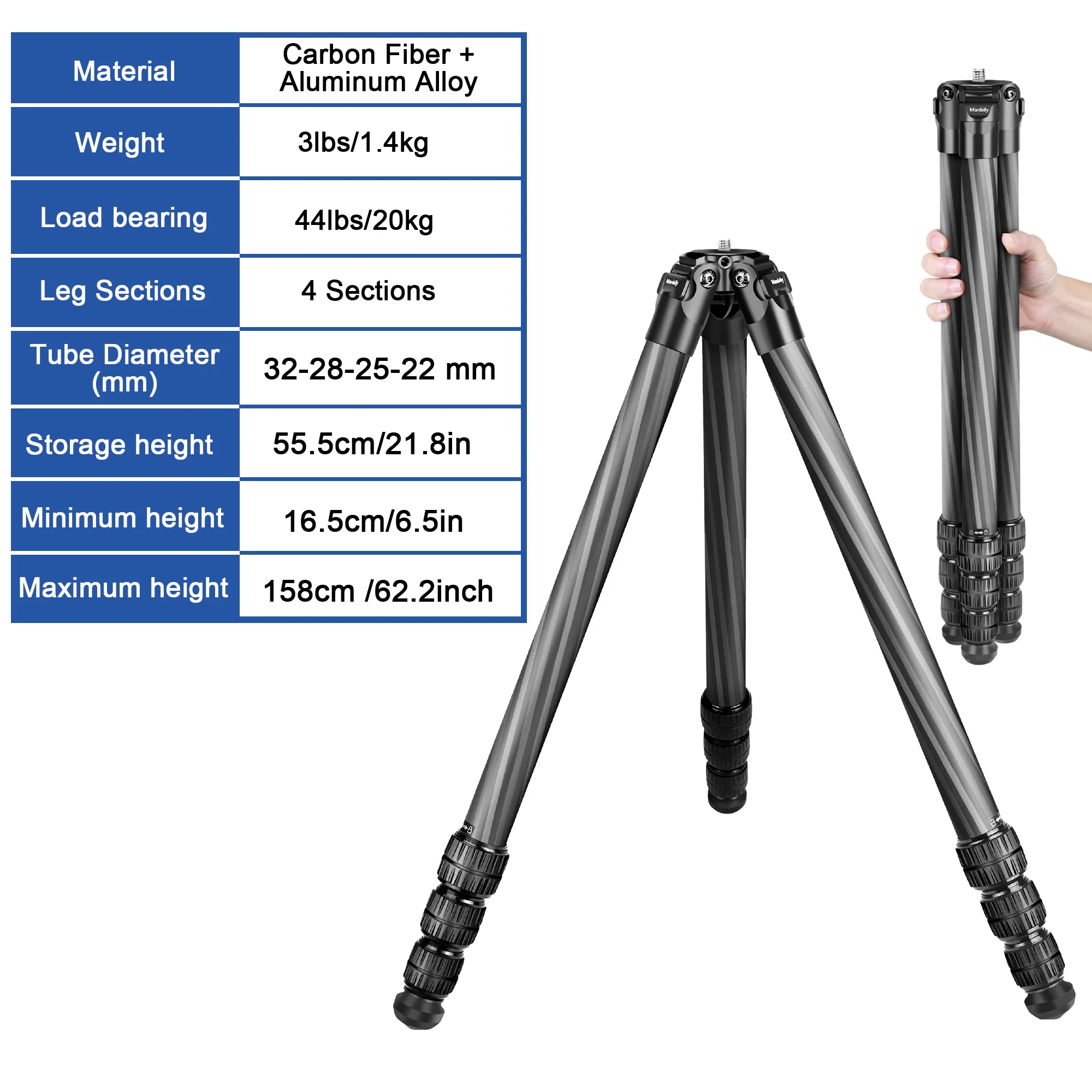 Manbily Heavy Duty Carbon Fiber Hunting Tripods for Outdoor Shooting DSLR Max Load 20kg