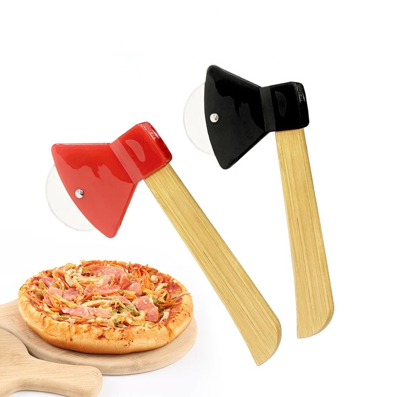 Creative Axe Shape Pizza Cutter Bamboo Handle Rotating Blade Home