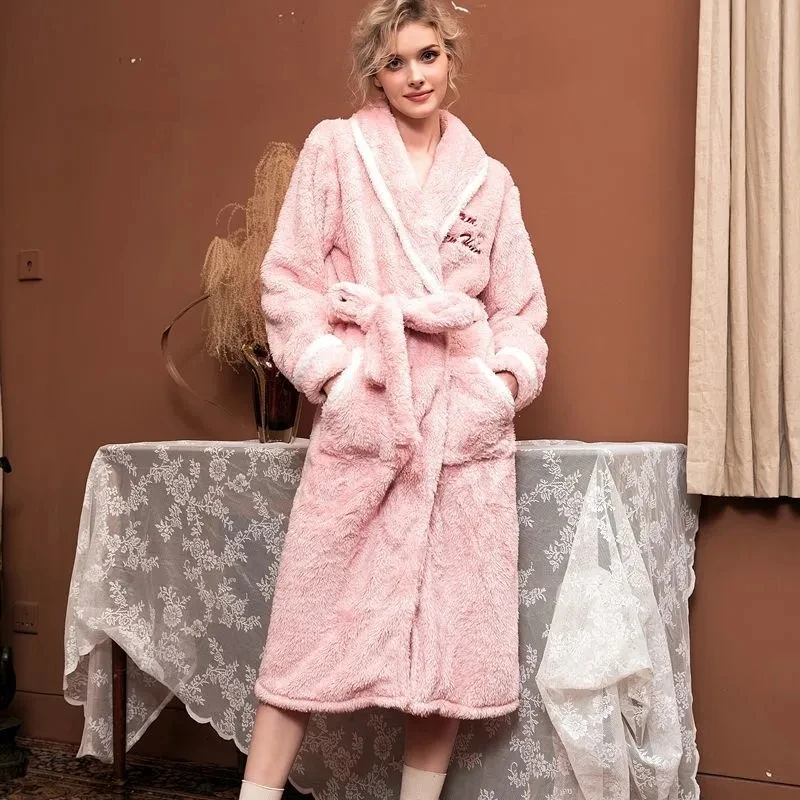

Winter Soid Color Warm Robes for Ladies Pajama Coral Fleece Homewear Nightdress Sleepwear Women Bathrobe