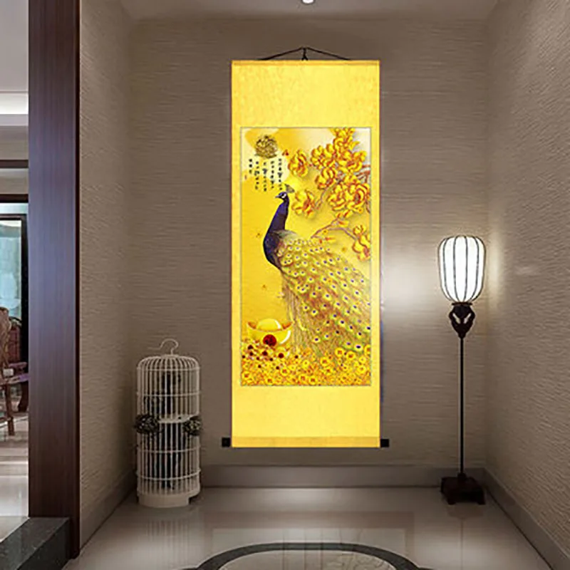 Chinese Elegant Peacock and Phoenix Painting Wall Art, Hanging Scroll, Living Room, Corridor Decoration