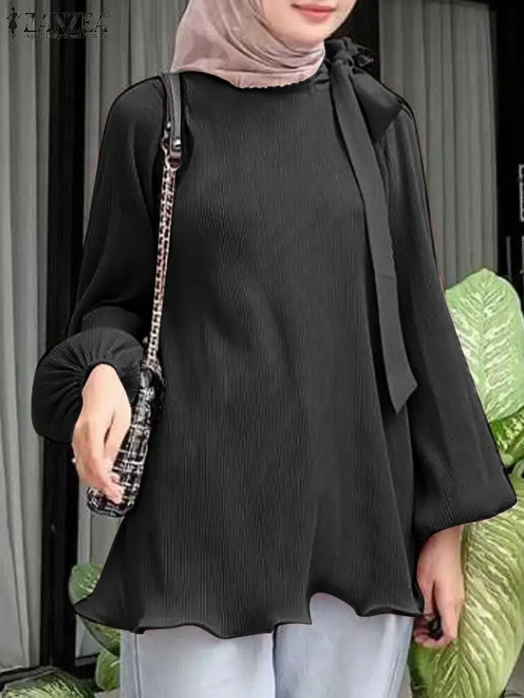 

ZANZEA Fashion Eid Mubarek Muslim Tops Woman Lantern Sleeve O Neck Satin Blouse Elegant Irregular Hem Shirt Vintage Solid Blusas