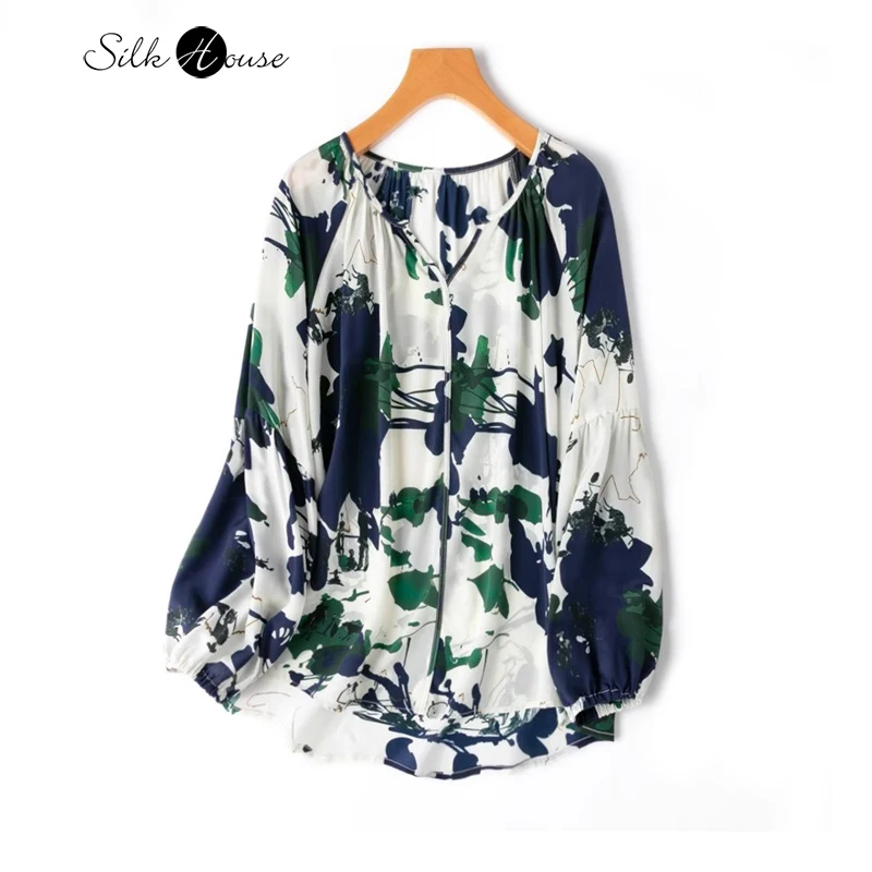 

2024 Women's Leisure Spring New 100%Natural Mulberry Silk Crepe De Chine V-Neck Raglan Lantern Sleeve Loose Printing T-shirt