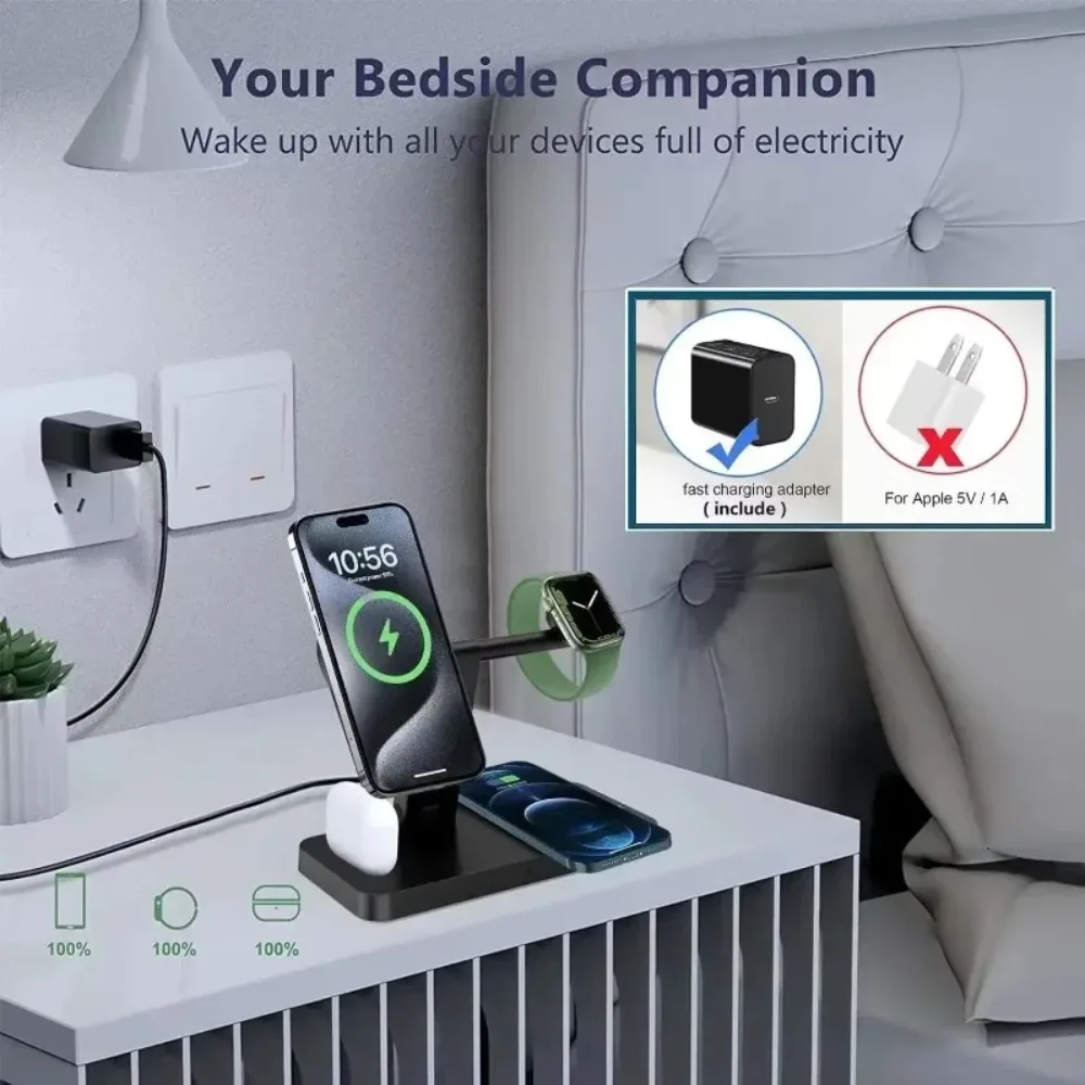100W 4-in-1 Magnetic Wireless Charger Foldable Phone Holder Dock For Magsafe iPhone 16-12 Apple Watch AirPods4 Pro Fast Charging