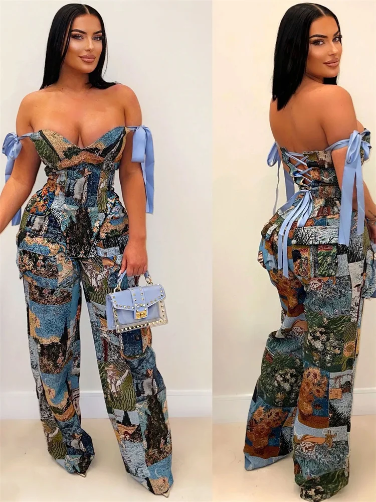 Wmstar 2 Piece Sets Women Sexy Printed Oil Painting Pattern Strap Drawstring Multi Pocket Pants Set Wholesale Dropshipping 2024
