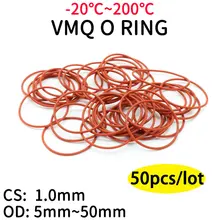 

50Pcs VMQ O Ring Seal Gasket Thickness CS 1mm OD 5 ~ 50mm Silicone Rubber Insulated Waterproof Washer Round Shape Nontoxi Red