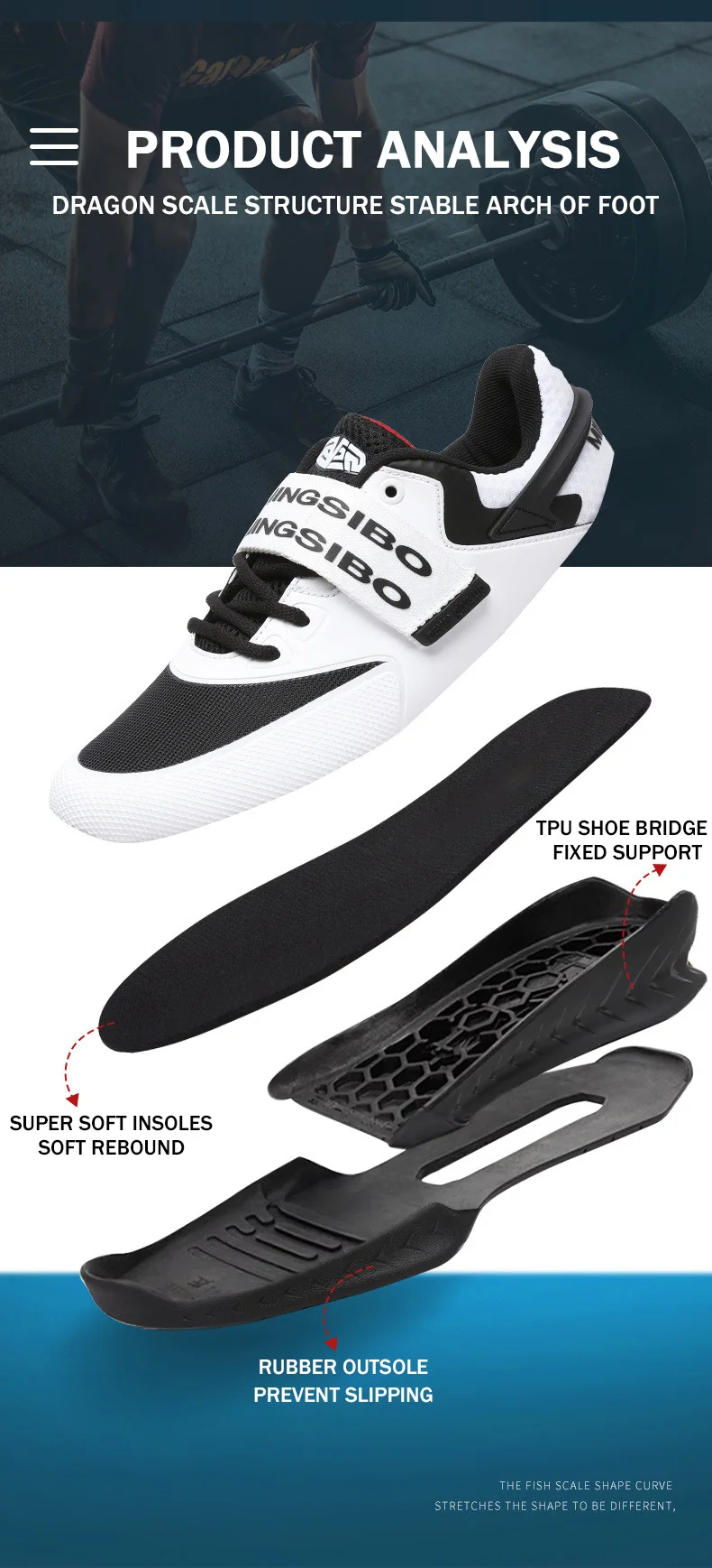 Description Picture 5 of itemMINGSIBO Brand Hook Loop Weightlifting Shoes Men Women Size 36-46 Gym Squat Boots Hard Pull Shoes Men's White Black Weightlift