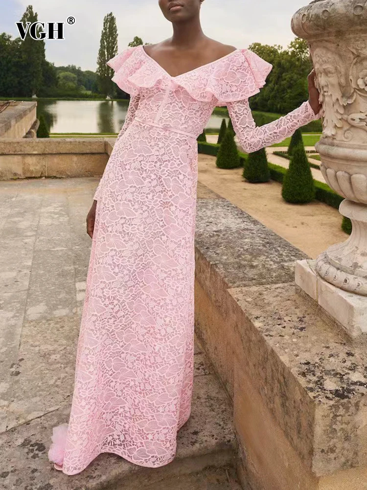 

VGH Solid Hollow Out Elegant Dresses For Women V Neck Long Sleeve High Waist Temperament Embroidery Dress Female Fashion Style