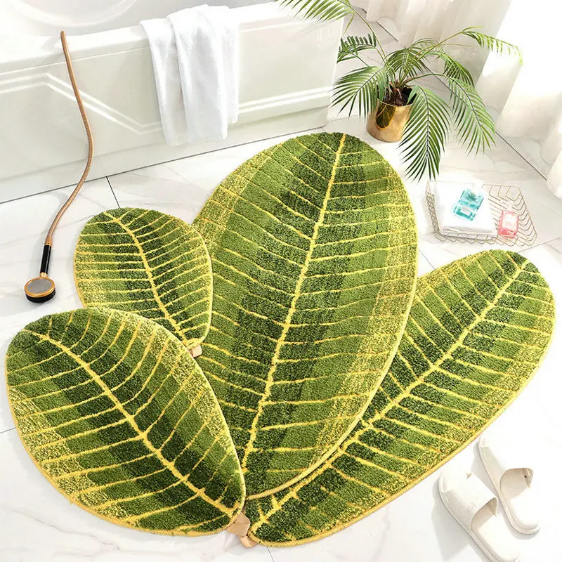 

Green Leaf Shape Bath Mat Soft Tufted Bedroom Area Rug Entrance Doormat Non-slip Bathroom Floor Mat Bedside Living Room Carpet