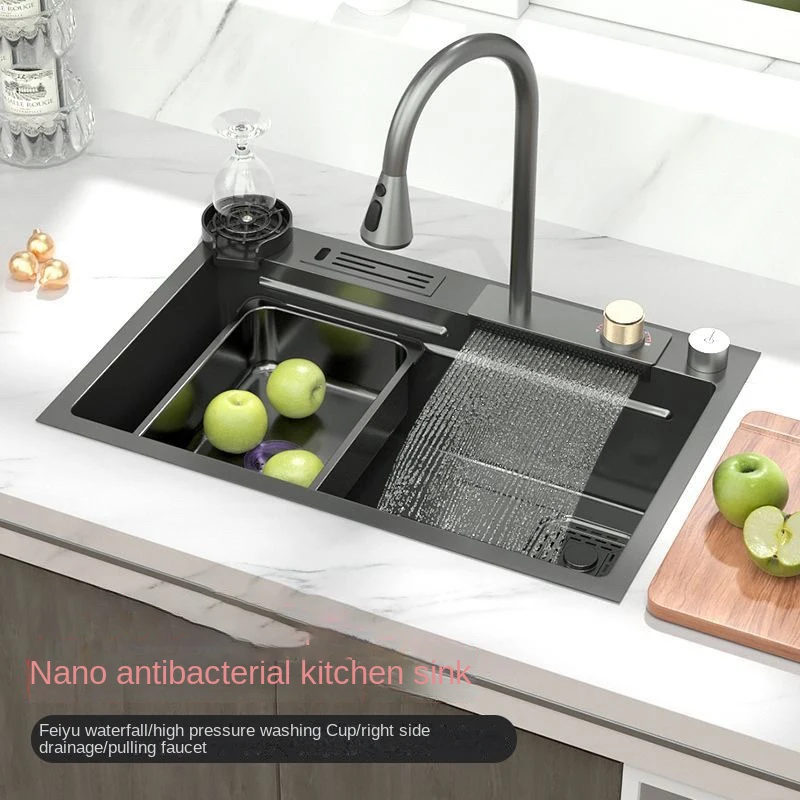 2024 Kitchen Sink 304 Stainless Steel Waterfall Kitchen Sink Black Large Single Bowl With Multifunction Touch Waterfall Faucet 4