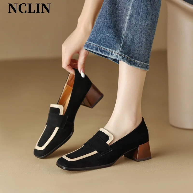 

New Spring/Summer Kid Suede Women Shoes Chunky Heel Suqare Toe Shoes For Women SLIP-ON High Heel Loafers Pumps Zapatos De Mujer