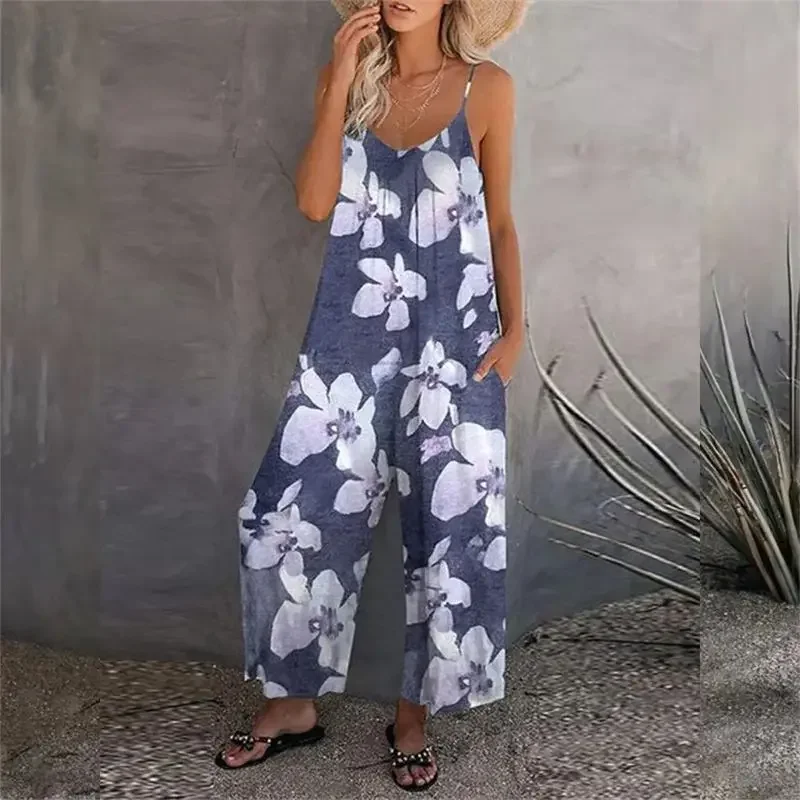 2024 Elegant Print Sleeveless Jumpsuit Women Wide Leg Trousers Summer Backless Suspenders Rompers Female Comfortable Casual Wear
