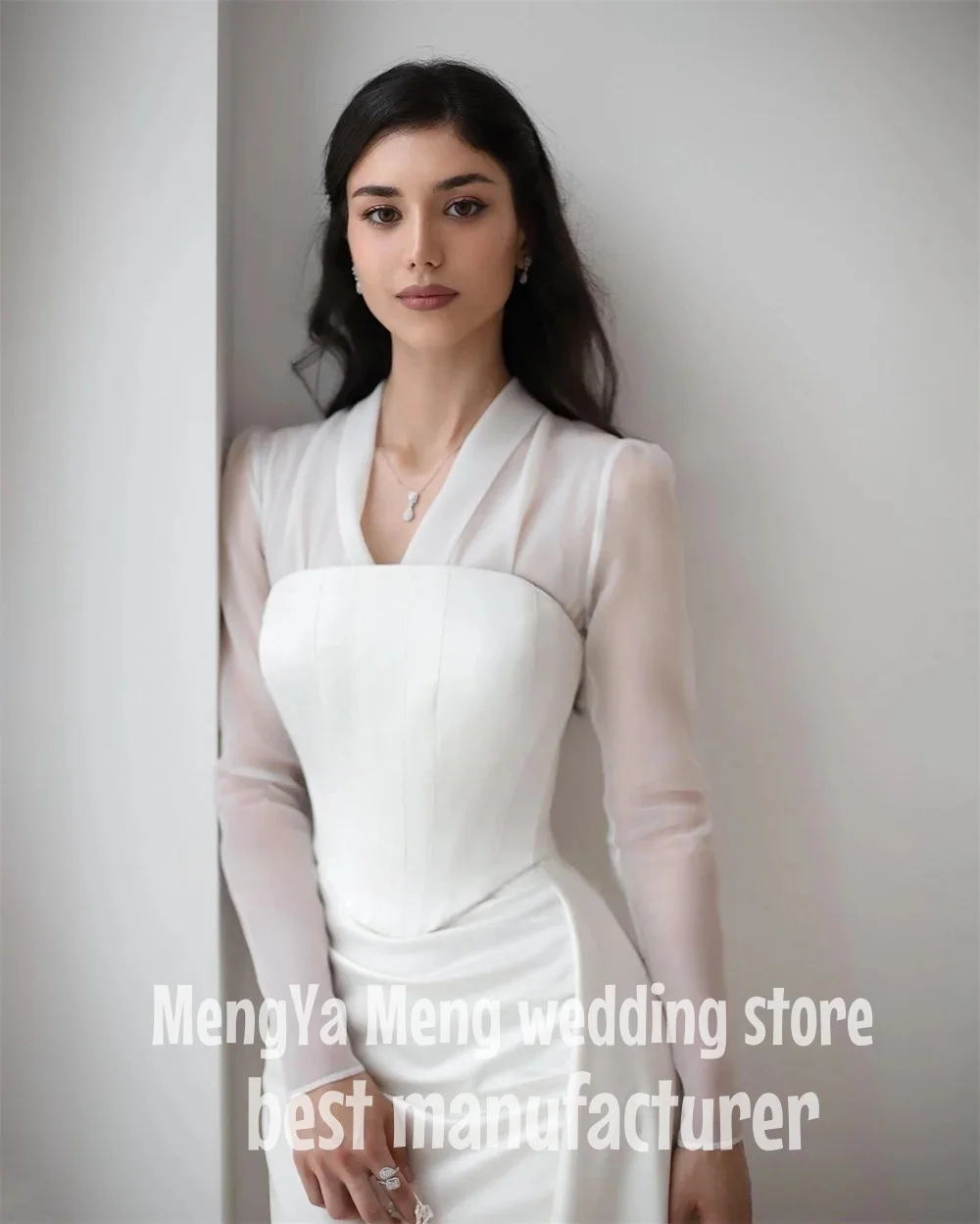 ZHUISHU Modest Ivory Mermaid Wedding Dress V Neck Full Sleeves Bridal Gown Customized Arabic Plus Size Corset Formal Gown 5