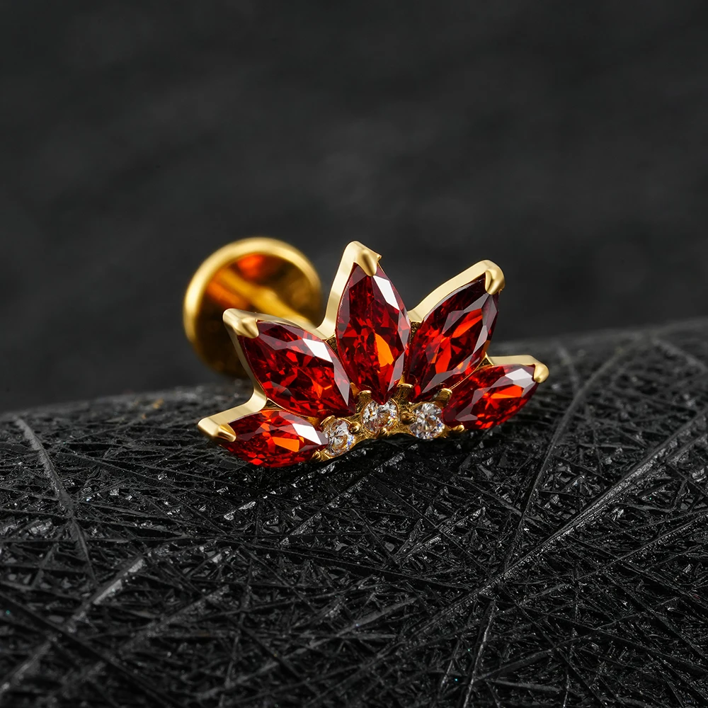 Right Grand ASTM F136 Titanium Marquise Lotus Cartilage Earring 16G Flower CZ Helix Flat Back Stud Labret Piercing Jewelry