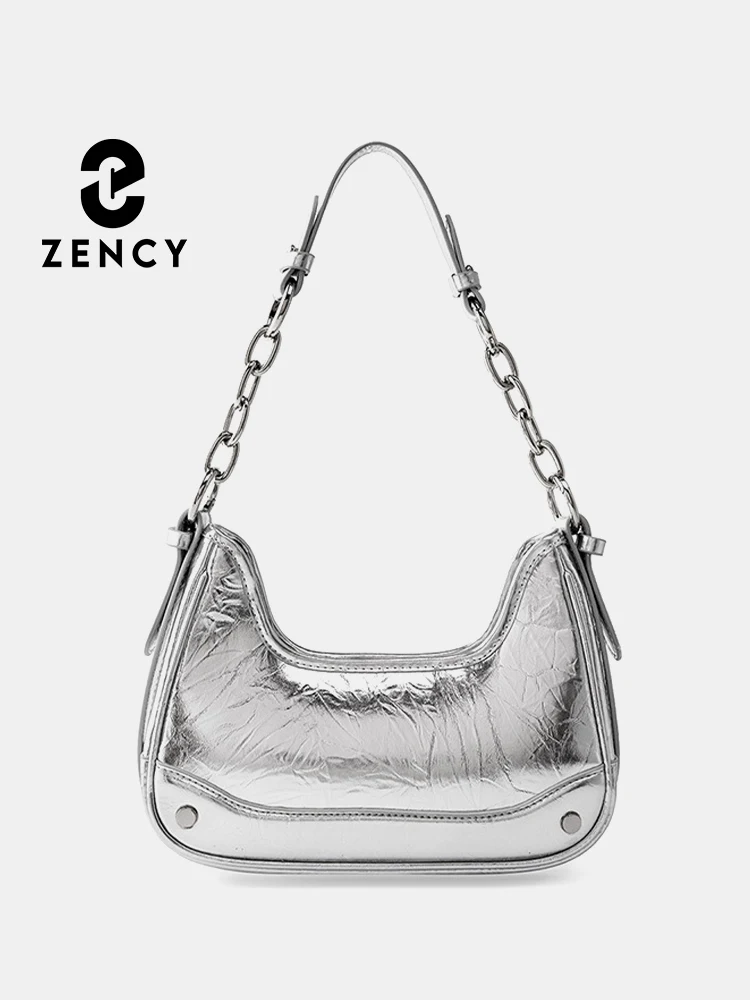 

Zency 2023 Women's Silver Leather Bag Small Chain Underarm Bag Retro Crossbody Handbag With 120cm Adjustable Strap Luxury 2023