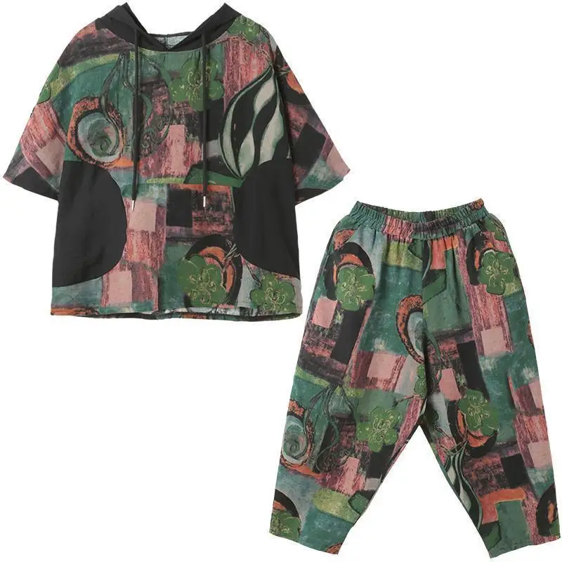 Summer New Women's Pullovers Printed Hoodies Drawstring Fashion Loose Short Sleeve Two Piece Casual Cotton and Linen Set